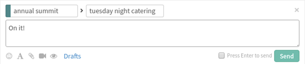 The Tuesday night catering topic in uKnowva Messenger - compose box